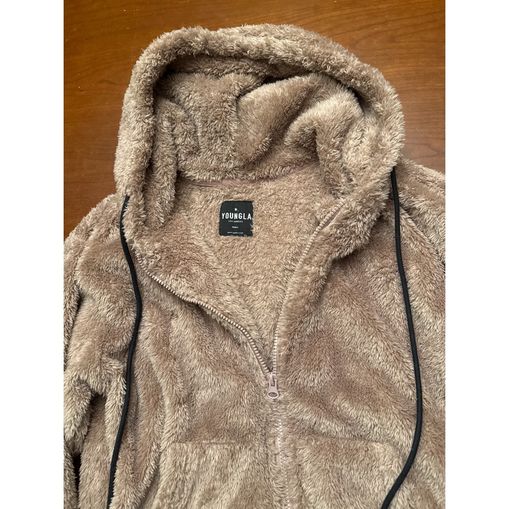 YoungLA‎ fuzzy teddy hoodie Small light pink tan full zip oversized EUC jacket - Picture 7 of 12